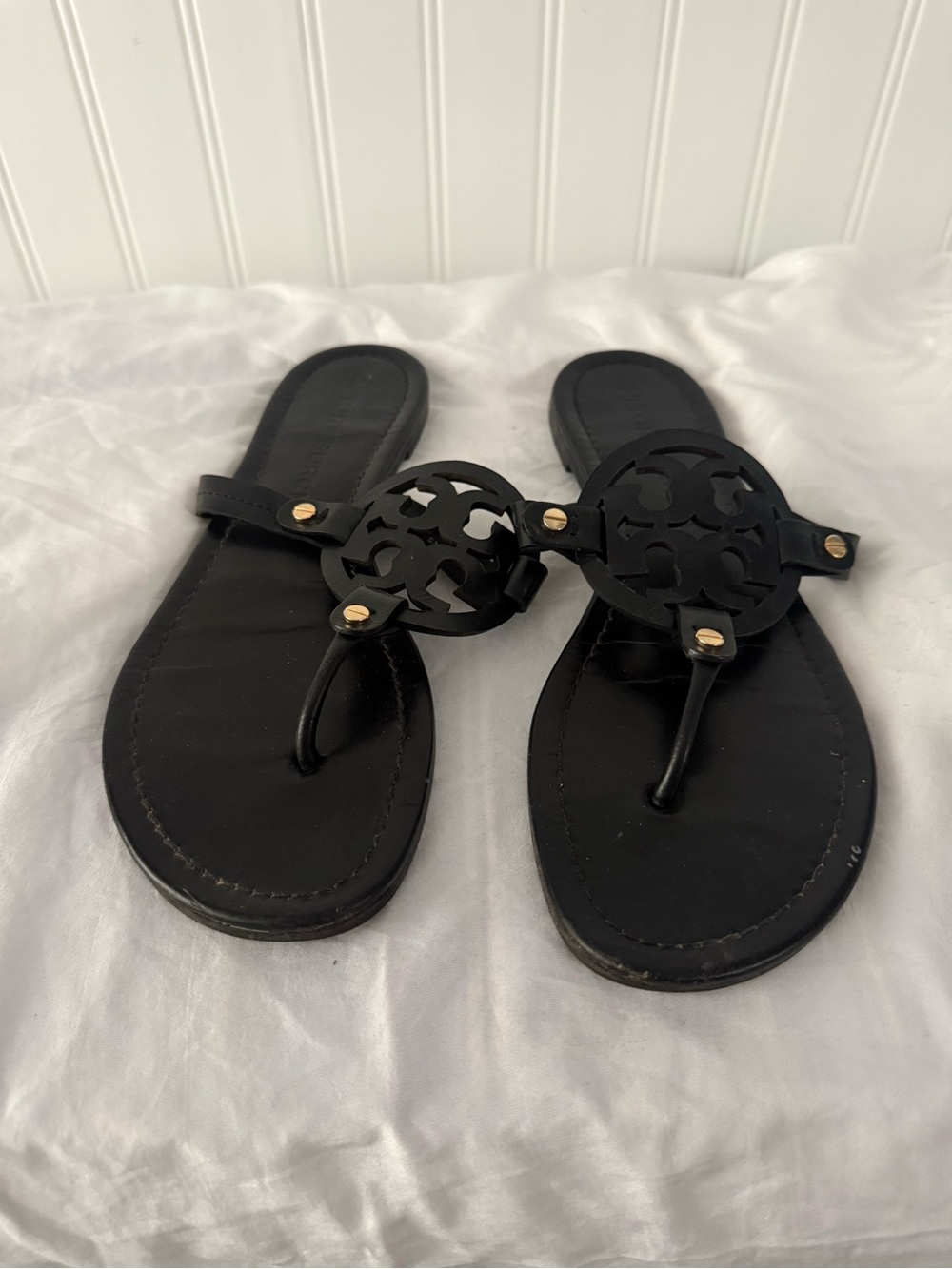 Tory Burch Black Logo Thong Sandals with Gold Accents